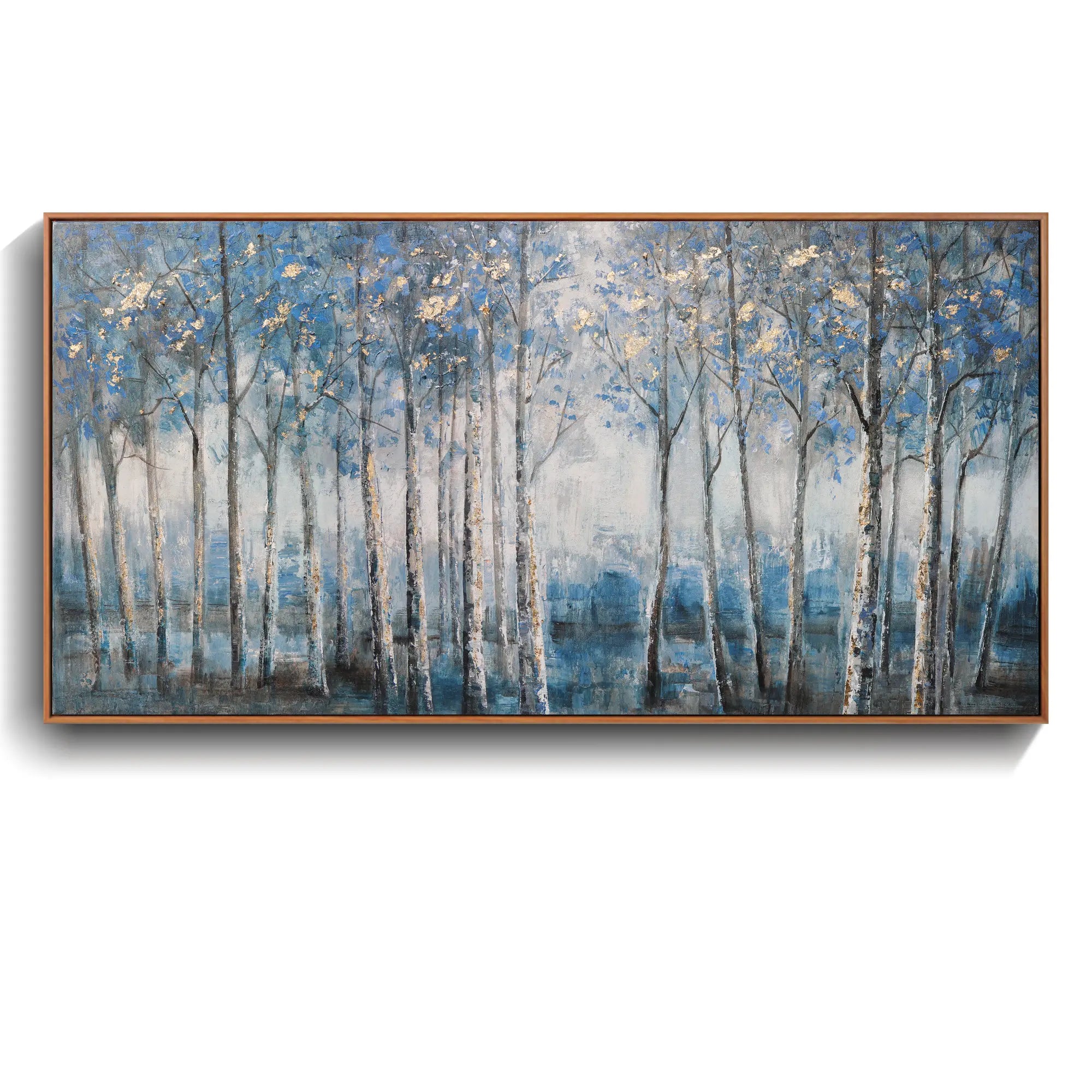 Framed Contemporary Grey Blue and Gold Foil Forest Canvas Oil Painting for Home Decor