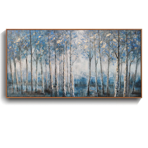 Framed Contemporary Grey Blue and Gold Foil Forest Canvas Oil Painting for Home Decor