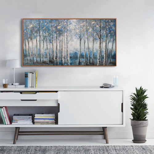 Framed Contemporary Grey Blue and Gold Foil Forest Canvas Oil Painting for Home Decor