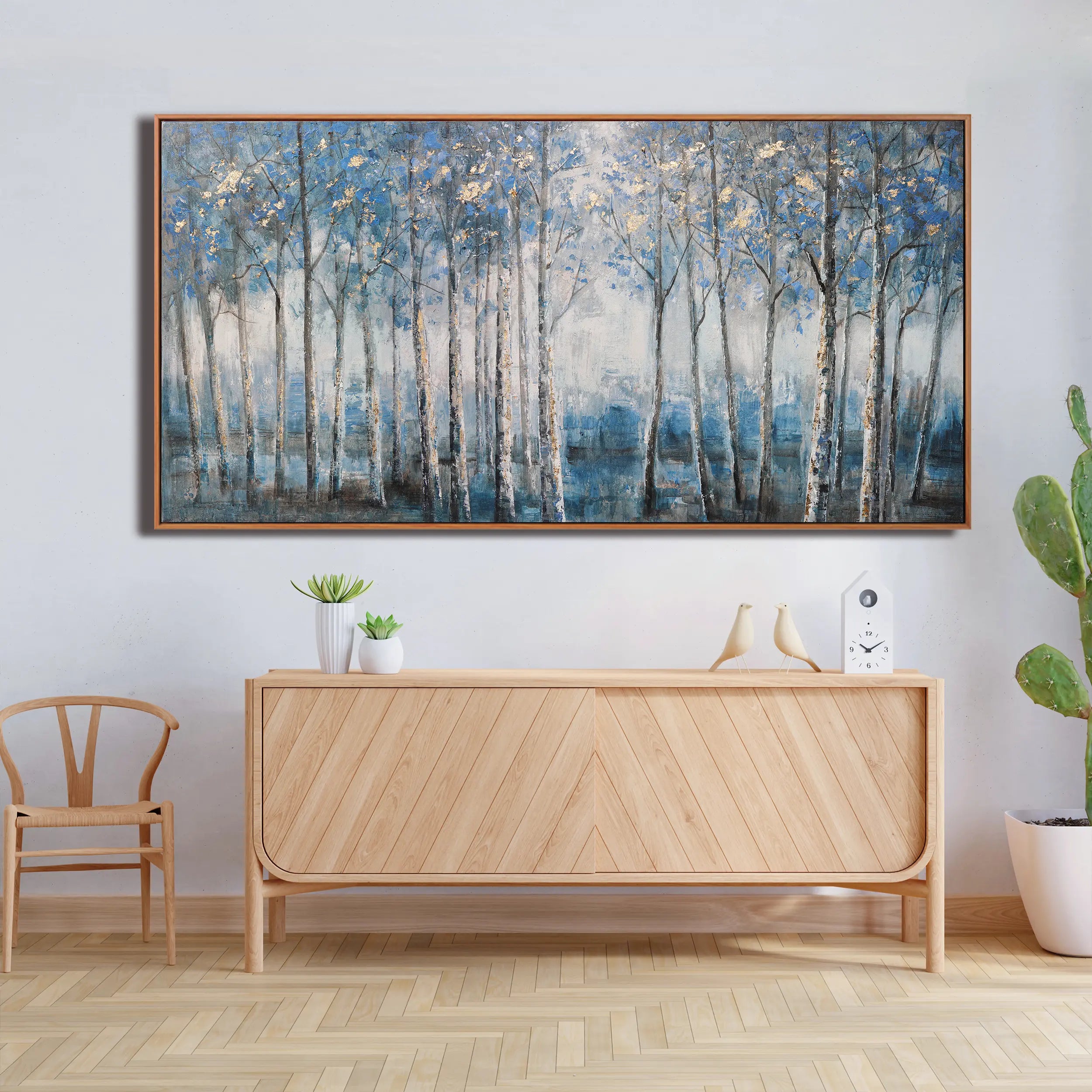 Framed Contemporary Grey Blue and Gold Foil Forest Canvas Oil Painting for Home Decor