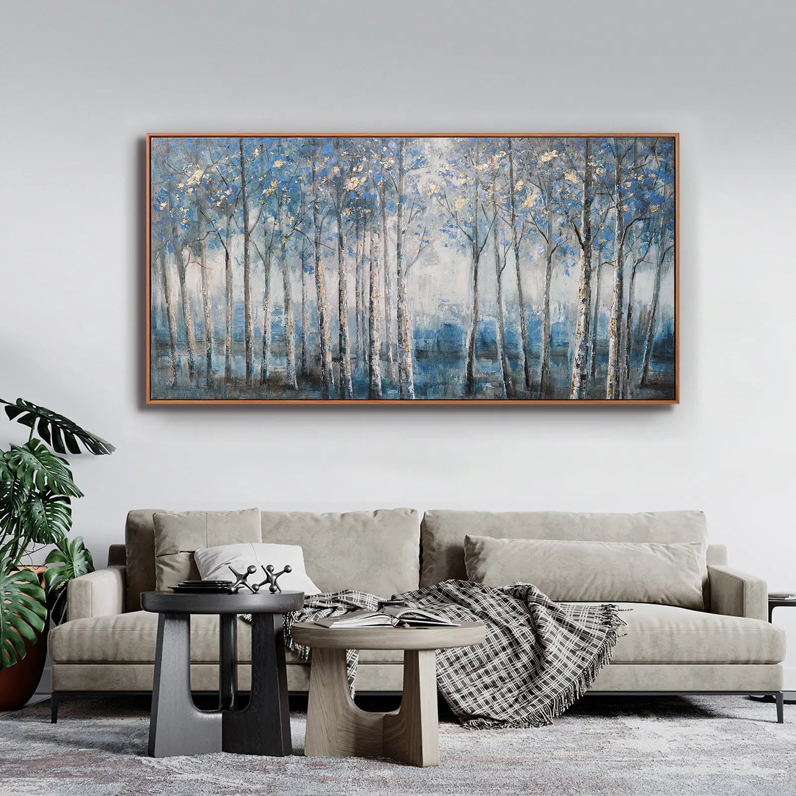 Framed Contemporary Grey Blue and Gold Foil Forest Canvas Oil Painting for Home Decor
