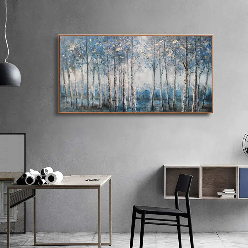 Framed Contemporary Grey Blue and Gold Foil Forest Canvas Oil Painting for Home Decor