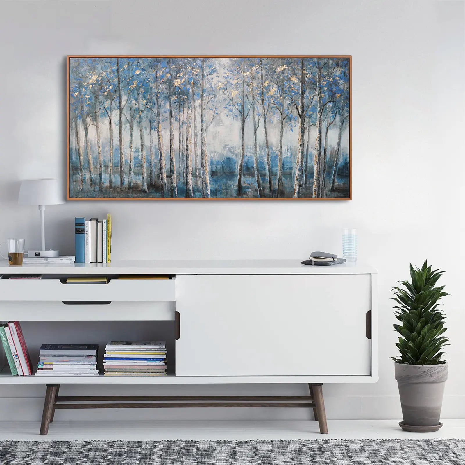 Framed Contemporary Grey Blue and Gold Foil Forest Canvas Oil Painting for Home Decor
